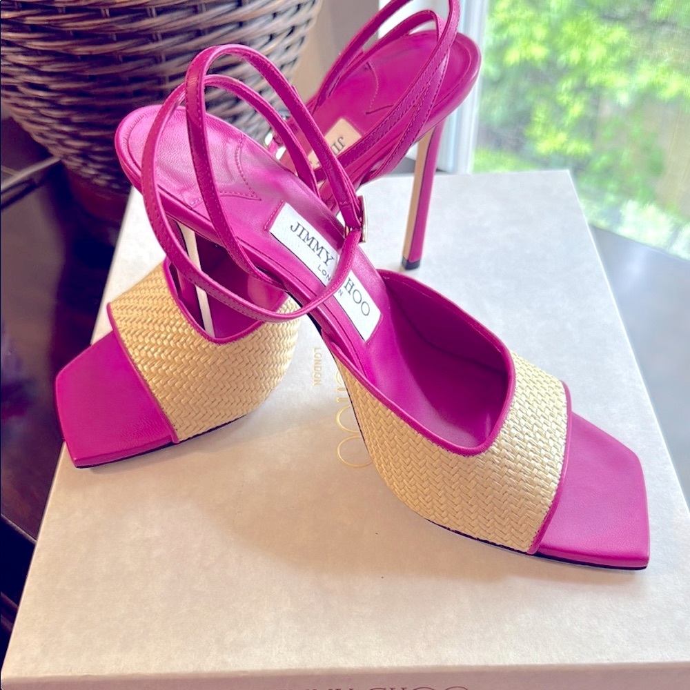 Jimmy Choo Zula 100 Magenta and Tan Leather Trimmed Raffia Heeled Sandals